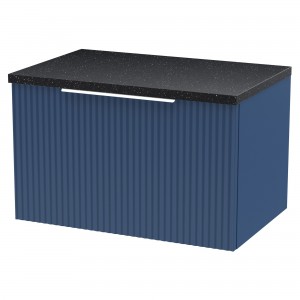 Fluted Satin Blue 600mm Wall Hung Single Drawer Vanity & Black Sparkle Laminate Worktop