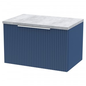 Fluted Satin Blue 600mm Wall Hung Single Drawer Vanity & Bellato Grey Laminate Worktop
