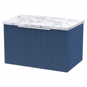 Fluted 600mm Wall Hung 1 Drawer Vanity With Carrera Marble Laminate Worktop - Satin Blue