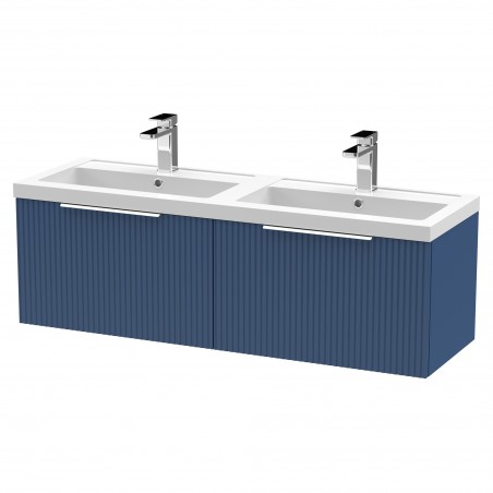 Fluted Satin Blue 1200mm Wall Hung 2 Drawer Vanity & Double Polymarble Basin