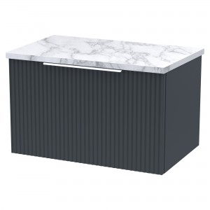 Fluted 600mm Wall Hung 1 Drawer Vanity With Carrera Marble Laminate Worktop - Soft Black