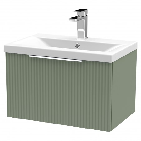 Fluted Satin Green 600mm Wall Hung Single Drawer Vanity & Mid-Edge Ceramic Basin