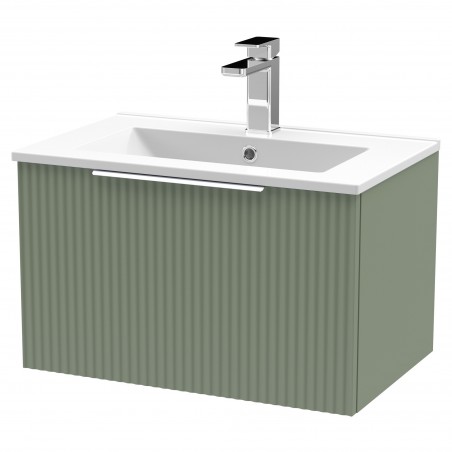 Fluted Satin Green 600mm Wall Hung Single Drawer Vanity & Minimalist Ceramic Basin