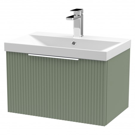 Fluted Satin Green 600mm Wall Hung Single Drawer Vanity & Thin-Edge Ceramic Basin