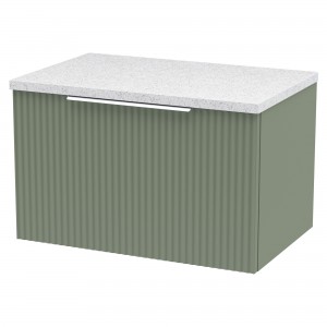 Fluted Satin Green 600mm Wall Hung Single Drawer Vanity & White Sparkle Laminate Worktop