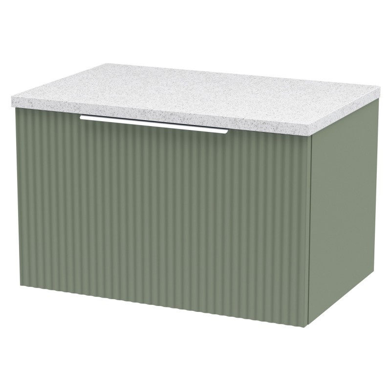 Fluted Satin Green 600mm Wall Hung Single Drawer Vanity & White Sparkle Laminate Worktop