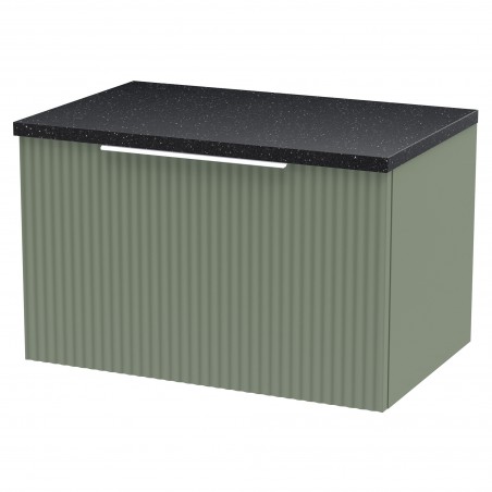 Fluted Satin Green 600mm Wall Hung Single Drawer Vanity & Black Sparkle Laminate Worktop