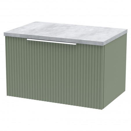 Fluted Satin Green 600mm Wall Hung Single Drawer Vanity & Bellato Grey Laminate Worktop