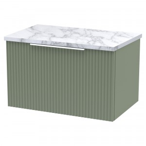 Fluted 600mm Wall Hung 1 Drawer Vanity With Carrera Marble Laminate Worktop - Satin Green