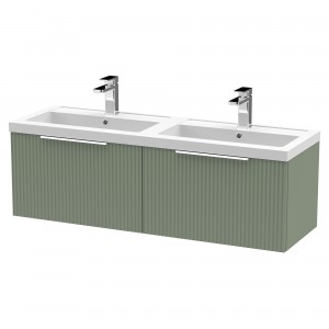 Fluted Satin Green 1200mm Wall Hung 2 Drawer Vanity & Double Polymarble Basin