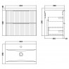 Fluted Satin White 600mm Wall Hung 2 Drawer Vanity & Mid-Edge Ceramic Basin - Technical Drawing