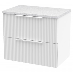 Fluted Satin White 600mm Wall Hung 2 Drawer Vanity & White Sparkle Laminate Worktop