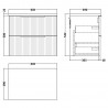 Fluted Satin White 600mm Wall Hung 2 Drawer Vanity & Black Sparkle Laminate Worktop - Technical Drawing