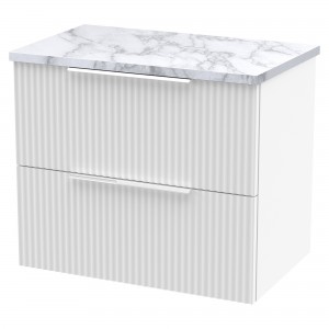 Fluted 600mm Wall Hung 2 Drawer Vanity With Carrera Marble Laminate Worktop - Satin White