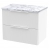 Fluted 600mm Wall Hung 2 Drawer Vanity With Carrera Marble Laminate Worktop - Satin White