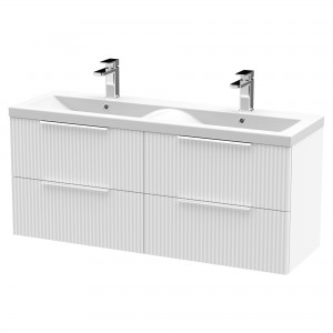 Fluted Satin White 1200mm Wall Hung 4 Drawer Vanity & Double Ceramic Basin