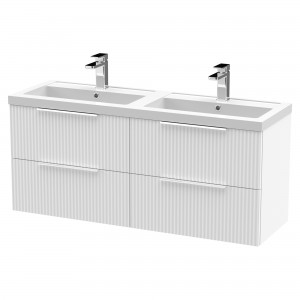 Fluted Satin White 1200mm Wall Hung 4 Drawer Vanity & Double Polymarble Basin