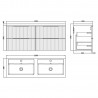 Fluted Satin White 1200mm Wall Hung 4 Drawer Vanity & Double Polymarble Basin - Technical Drawing
