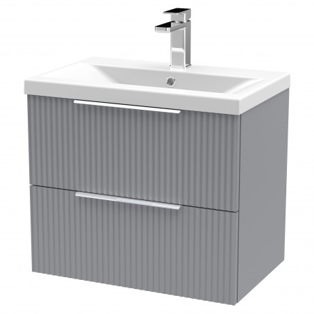 Fluted Satin Grey 600mm Wall Hung 2 Drawer Vanity & Mid-Edge Ceramic Basin