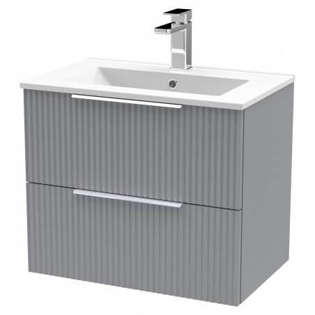 Fluted Satin Grey 600mm Wall Hung 2 Drawer Vanity & Minimalist Ceramic Basin