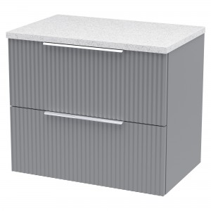 Fluted Satin Grey 600mm Wall Hung 2 Drawer Vanity & White Sparkle Laminate Worktop