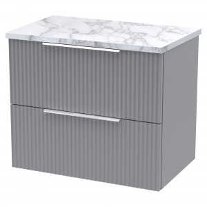 Fluted 600mm Wall Hung 2 Drawer Vanity With Carrera Marble Laminate Worktop - Satin Grey