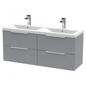 Fluted Satin Grey 1200mm Wall Hung 4 Drawer Vanity & Double Ceramic Basin