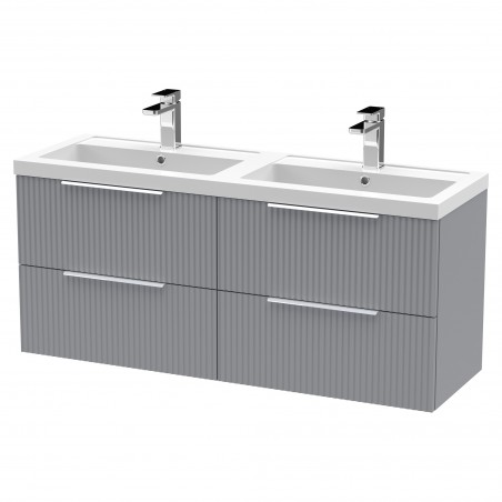 Fluted Satin Grey 1200mm Wall Hung 4 Drawer Vanity & Double Polymarble Basin
