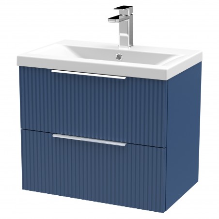 Fluted Satin Blue 600mm Wall Hung 2 Drawer Vanity & Mid-Edge Ceramic Basin