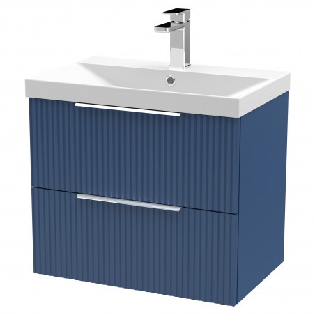 Fluted Satin Blue 600mm Wall Hung 2 Drawer Vanity & Thin-Edge Ceramic Basin