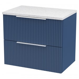 Fluted Satin Blue 600mm Wall Hung 2 Drawer Vanity & White Sparkle Laminate Worktop