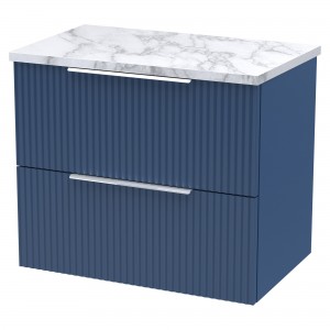 Fluted 600mm Wall Hung 2 Drawer Vanity With Carrera Marble Laminate Worktop - Satin Blue