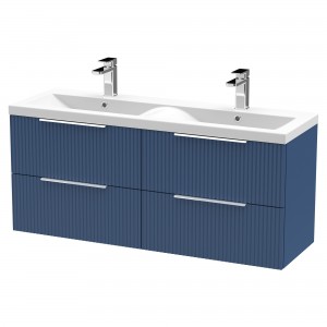 Fluted Satin Blue 1200mm Wall Hung 4 Drawer Vanity & Double Ceramic Basin