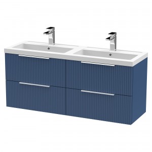 Fluted Satin Blue 1200mm Wall Hung 4 Drawer Vanity & Double Polymarble Basin