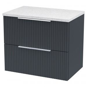 Fluted 600mm Wall Hung 2 Drawer Vanity & White Sparkle Laminate Worktop - Soft Black