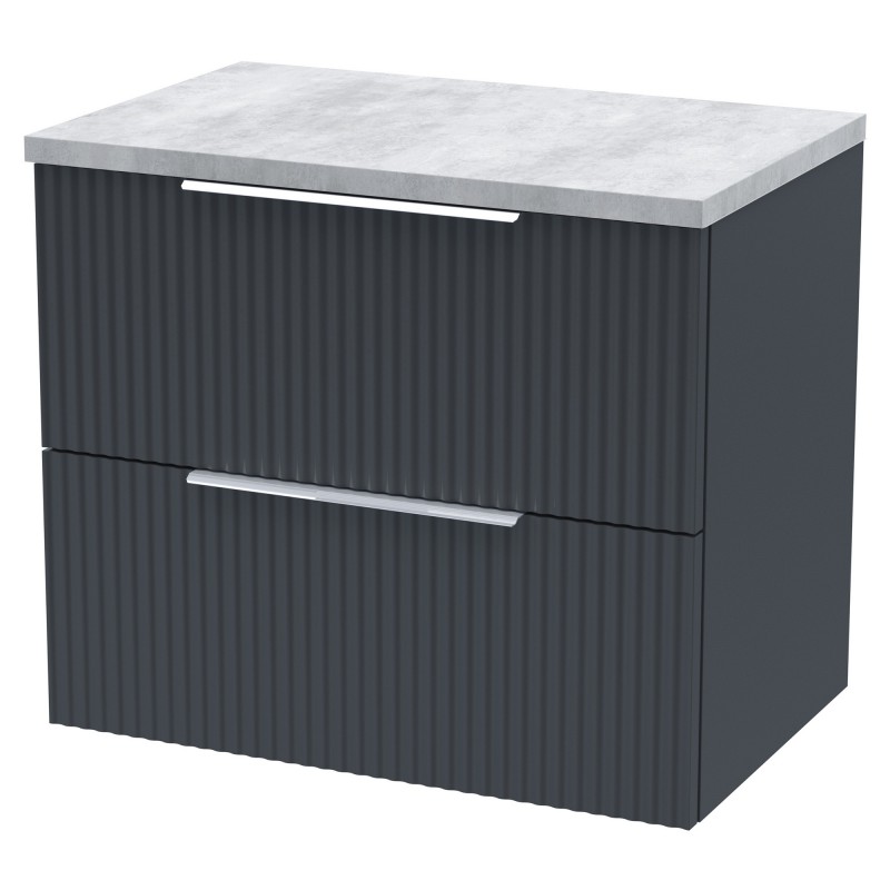 Fluted 600mm Wall Hung 2 Drawer Vanity & Bellato Grey Laminate Worktop - Soft Black