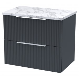 Fluted 600mm Wall Hung 2 Drawer Vanity With Carrera Marble Laminate Worktop - Soft Black