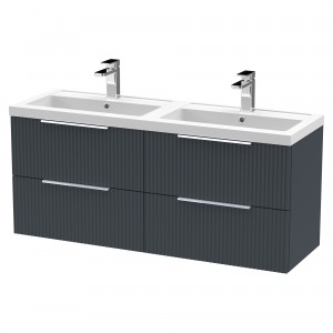 Fluted 1200mm Wall Hung 4 Drawer Vanity & Double Polymarble Basin - Soft Black