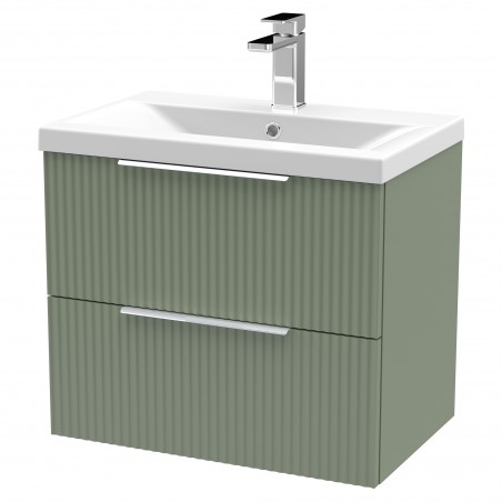 Fluted Satin Green 600mm Wall Hung 2 Drawer Vanity & Mid-Edge Ceramic Basin