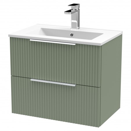 Fluted Satin Green 600mm Wall Hung 2 Drawer Vanity & Minimalist Ceramic Basin