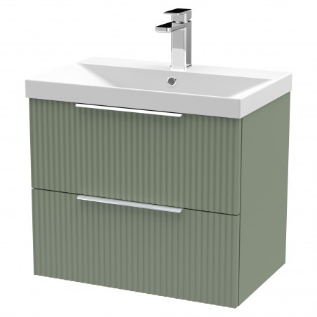 Fluted Satin Green 600mm Wall Hung 2 Drawer Vanity & Thin-Edge Ceramic Basin