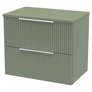 Fluted Satin Green 600mm Wall Hung 2 Drawer Vanity & Worktop
