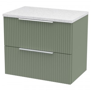 Fluted Satin Green 600mm Wall Hung 2 Drawer Vanity & White Sparkle Laminate Worktop