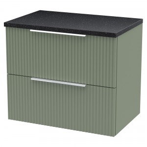 Fluted Satin Green 600mm Wall Hung 2 Drawer Vanity & Black Sparkle Laminate Worktop