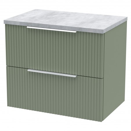 Fluted Satin Green 600mm Wall Hung 2 Drawer Vanity & Bellato Grey Laminate Worktop