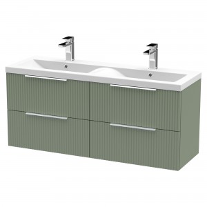 Fluted Satin Green 1200mm Wall Hung 4 Drawer Vanity & Double Ceramic Basin