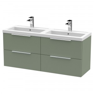Fluted Satin Green 1200mm Wall Hung 4 Drawer Vanity & Double Polymarble Basin