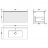Fluted Satin White 800mm Wall Hung Single Drawer Vanity & Minimalist Ceramic Basin - Technical Drawing