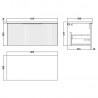 Fluted Satin White 800mm Wall Hung Single Drawer Vanity & Worktop - Technical Drawing