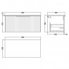 Fluted Satin White 800mm Wall Hung Single Drawer Vanity & White Sparkle Laminate Worktop - Technical Drawing